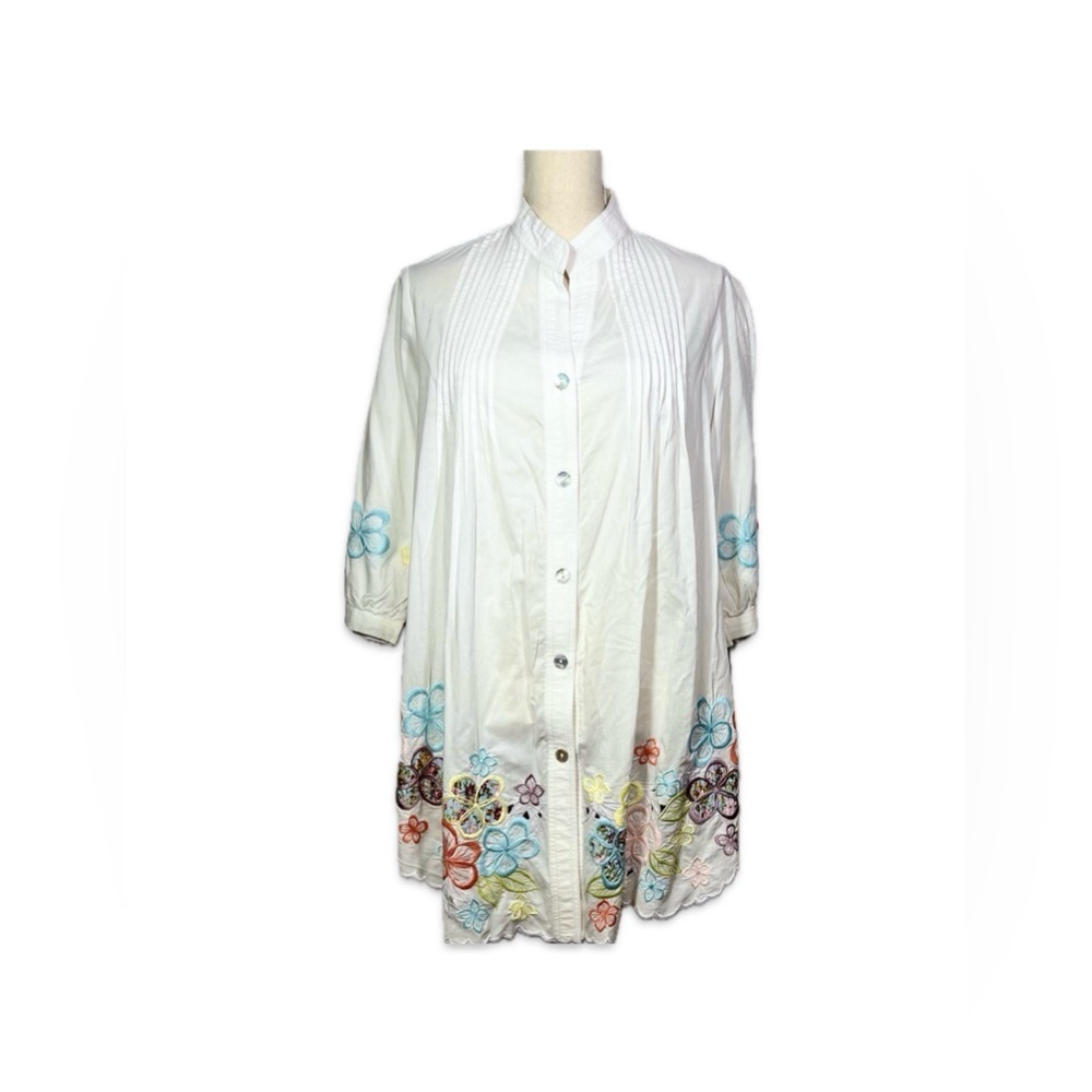 Angels by the Sea Waikiki White Floral Embroidered Cotton Tunic L Boho